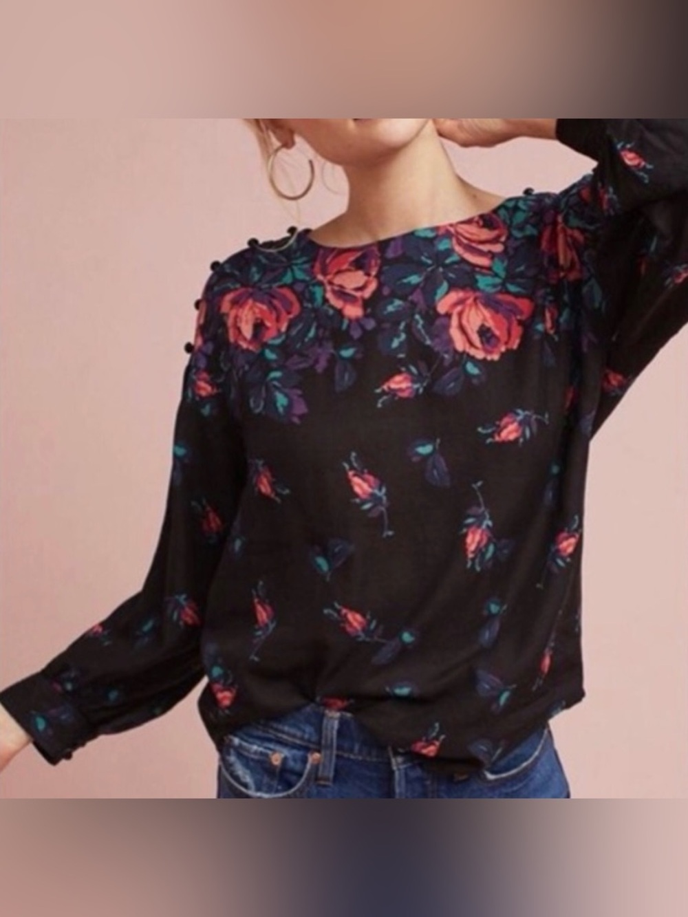 Maeve by Anthropologie Black with Multicolor Floral Print Blouse - Size S
